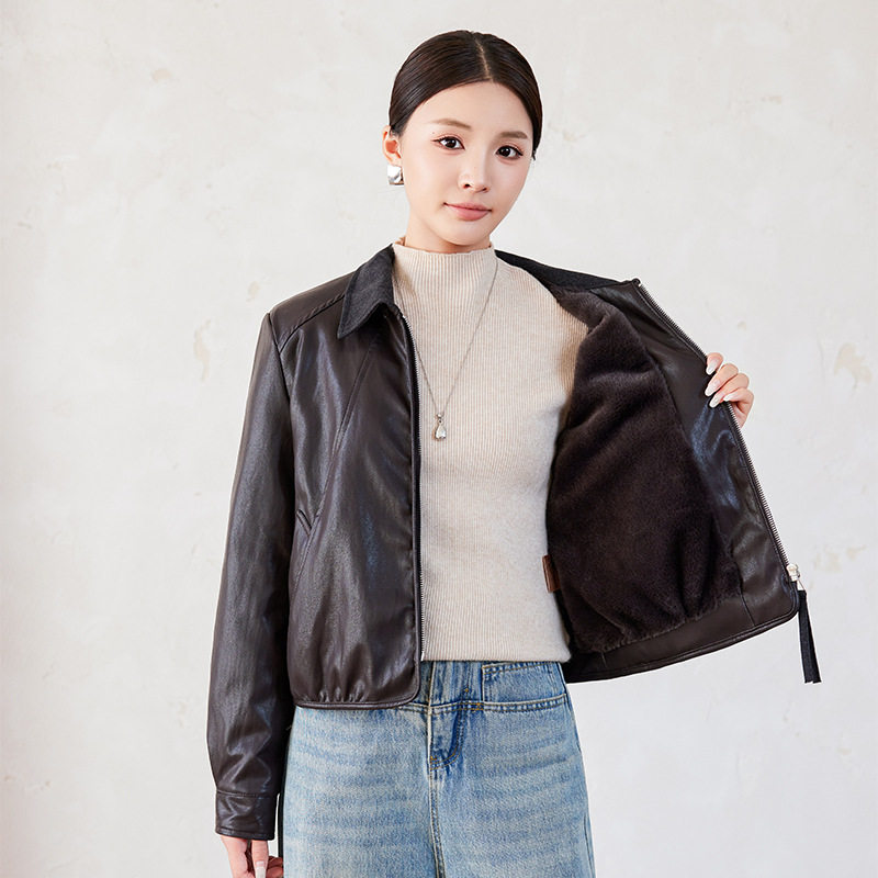 Áo khoác da nữ cổ bẻ dáng ôm phối lông bên trong kiểu mới — màu cà phê, đen, Màu cà phê Fleece dày, Màu đen Fleece dày