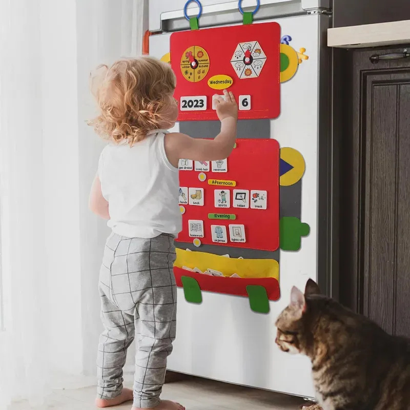 Accesorios de educación temprana Montessori no tejido hecho a mano bricolaje clima creativo fieltro horario colgante robot