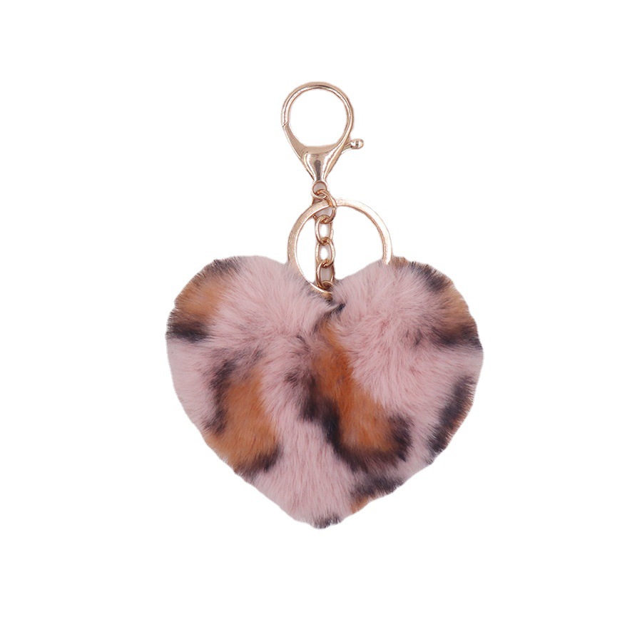 Estampado de leopardo amor felpa bolsa llavero 8cm en forma de corazón Bola de piel coche llavero teléfono caso auricular caso colgante