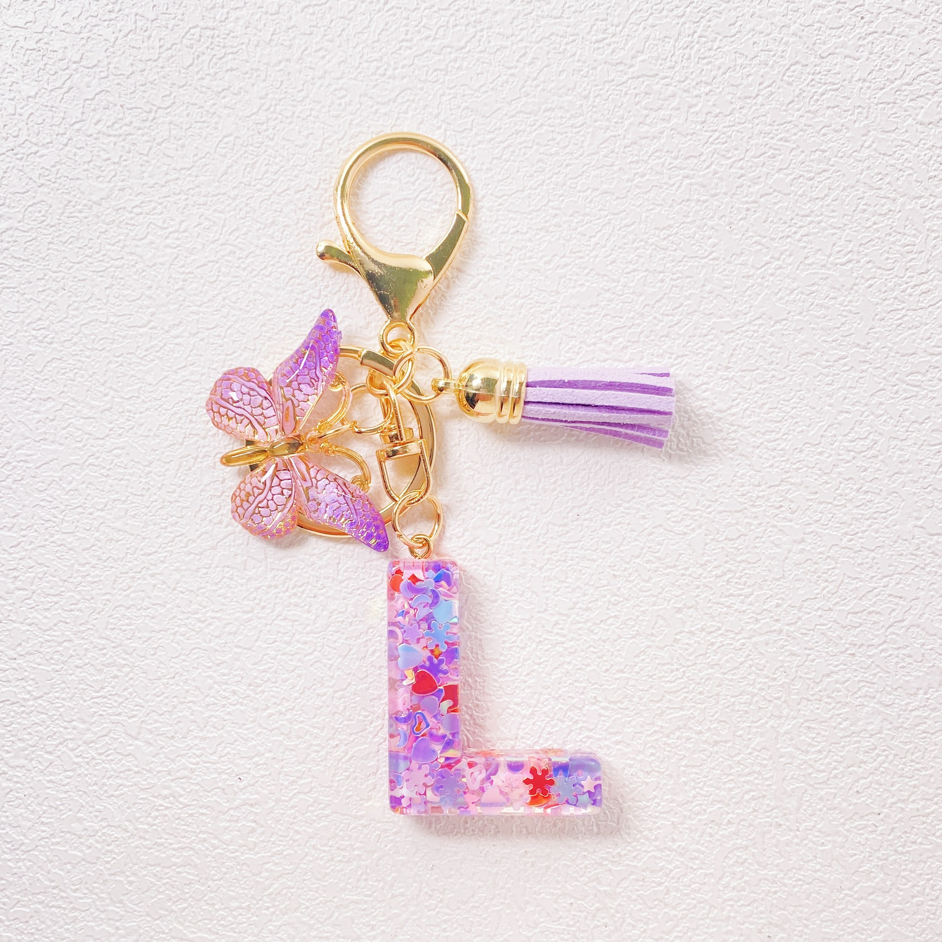 20g Weight Sequins Inlay Material Keychain Classification Daily Occasion Epoxy Material Letter, Butterfly Pattern Women's Gender Sweet Style Purple Color Letter Butterfly Keychain Epoxy Sequins Women's Sweet Keychain 13
