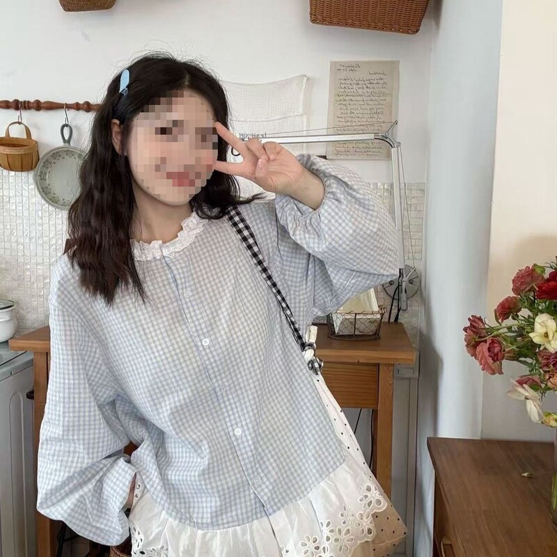 Doll Shirt Splicing Plaid Age-Reducing Korean Style 2025 Lace Loose Sweet Lace New Top Spring Blue
