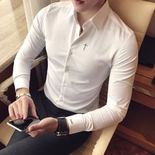 刺绣衬衫男长袖修身韩版春季发型师白色寸衫商务休闲正装男士衬衣