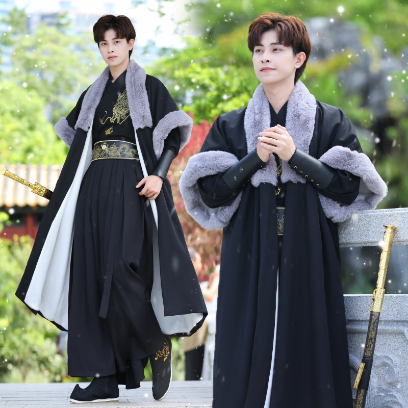 Autumn and Winter Hanfu Men's Cloak Half-arm Coat Coat Coat Cloak Dragon Pattern fleece-lined Warm-keeping Chivalrous Man Martial Arts suit Men