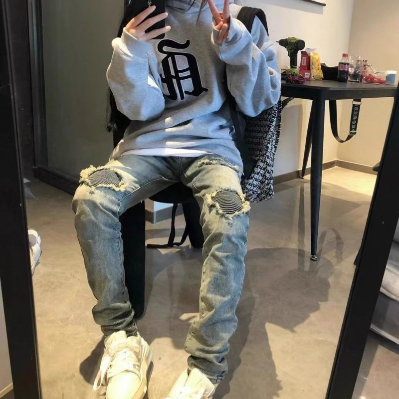 Jeans for Men and Women, European and American High Street Fog Style Trendyy Fake Ripped Pleated Amiri Versatile Slim Pants