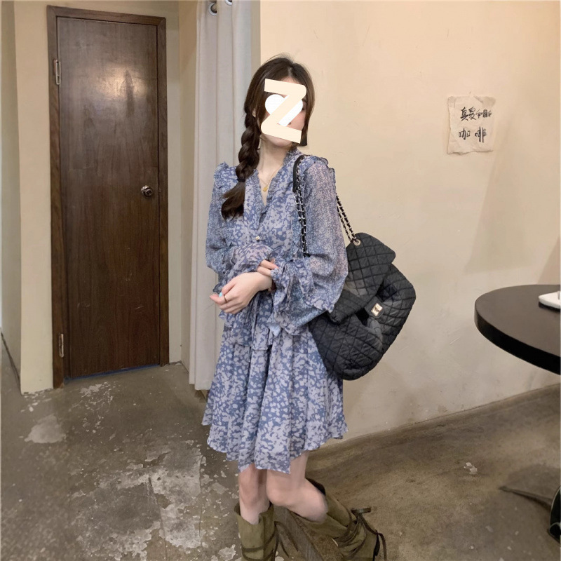 法式蓝色碎花V领长袖雪纺连衣裙子女春季小个子收腰显瘦公主短裙|undefined