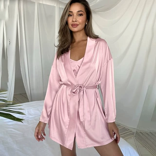 2026缎面睡衣女秋性感浴袍欧美跨境批发长袖吊带短裤家居服三件套