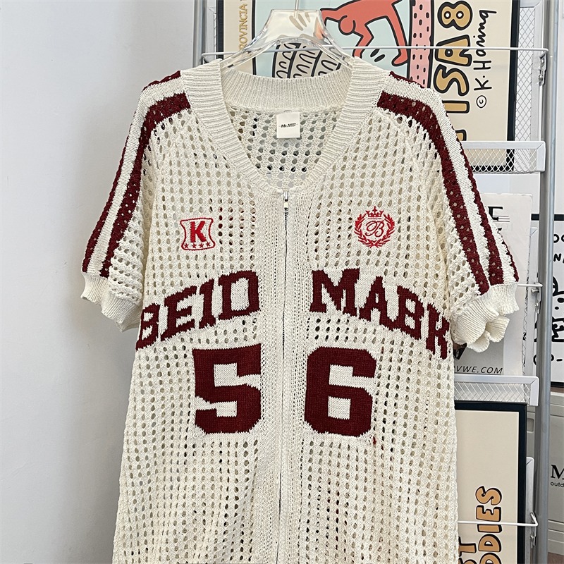 Unisex Retro Letter Print Mesh Knit Cardigan - Breathable Summer T-Shirt Jacket For Men & Women​_voghion.com