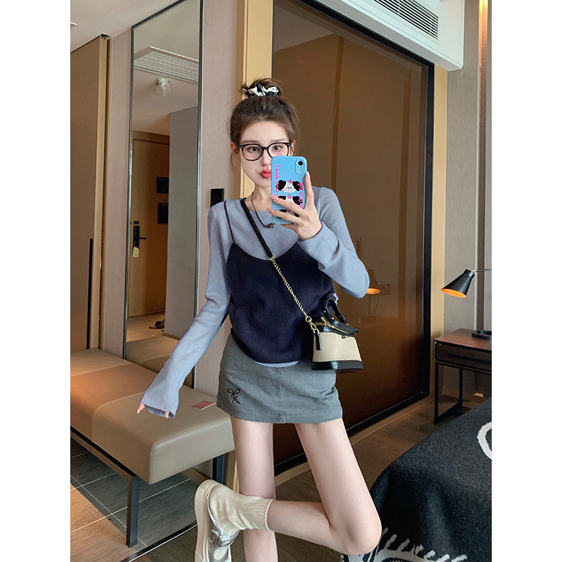 假两件针织吊带长袖t恤女2025新款早秋小个子收腰短款内搭上衣ins|undefined