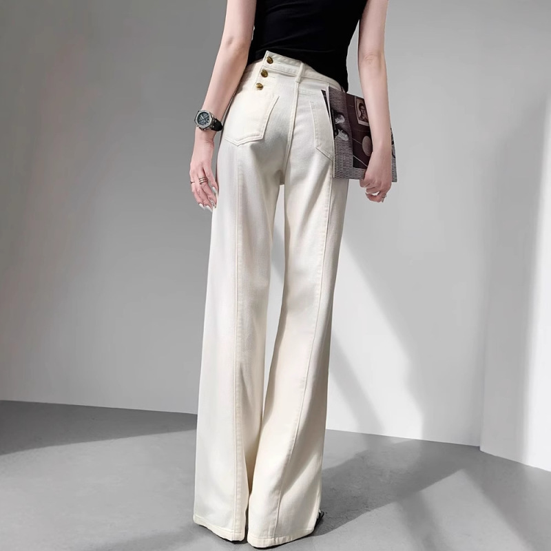 In-Stock White High-Waisted Wide-Leg Jeans for Women, Straight-Leg, Loose, Slim-Fit, Drapey Pants, Spring and Autumn Style