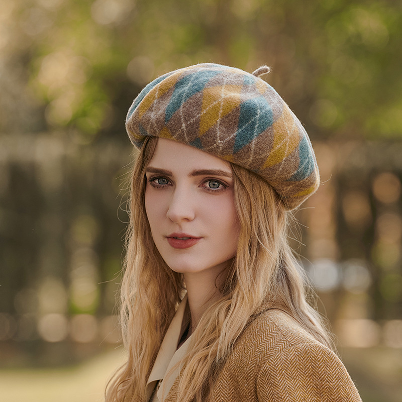 Unisex Contrasting wool berets Fashion casual Autumn/Winter warm and thick plaid patchwork artist hat_voghion.com