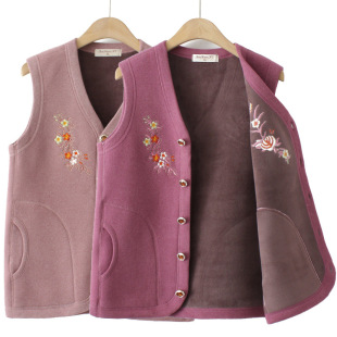 Middle-aged and elderly women's clothing autumn and winter fleece-lined thickened vest grandma embroidered warm vest mom wear sleeveless waistcoat