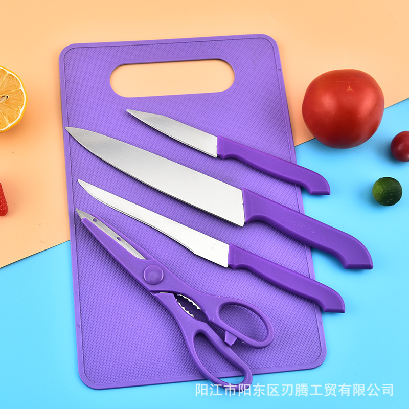 도매 간단한 가정용 주방 용품 스테인레스 스틸 나이프 세트 과일 나이프 도마 나이프 손톱이있는 5 세트 세트