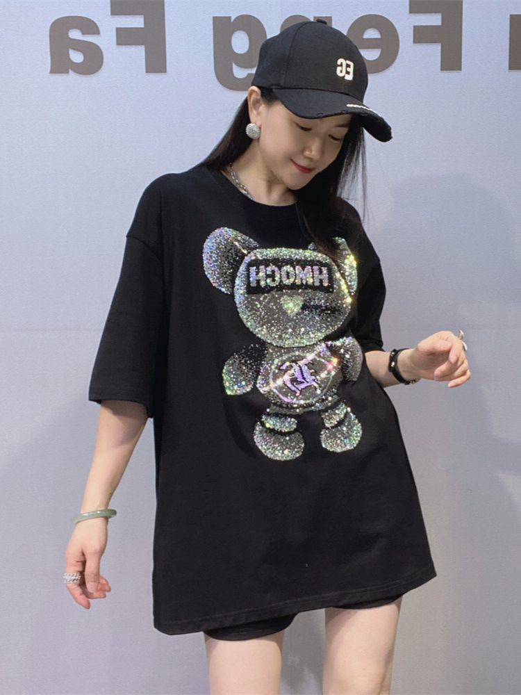 Camiseta Unisex de Manga Corta de Algodón Holgada con Pedrería para Verano