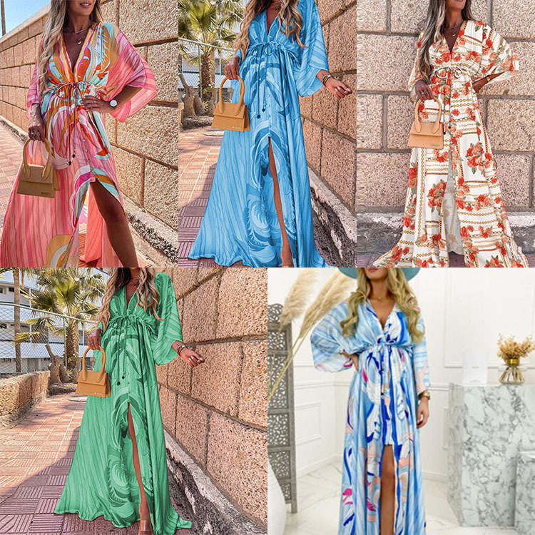 Women's Swing Dress Classic Style Streetwear V Neck Printing 3/4 Length Sleeve Color Block Maxi Long Dress Holiday display picture 1