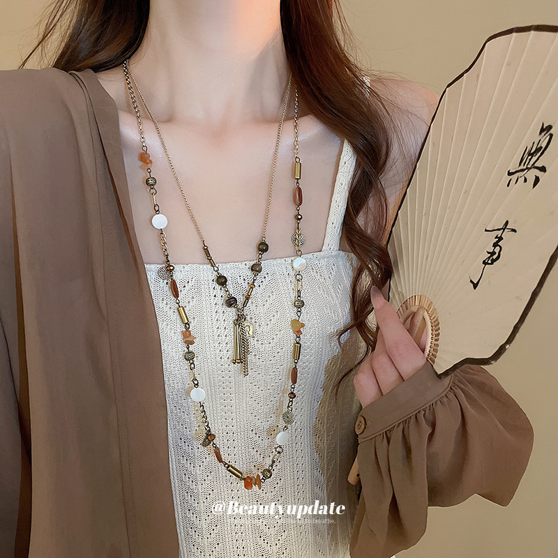 Vintage moneda antigua con flecos collar con cuentas estilo étnico retro femenino cadena de suéter largo de grava de varios elementos