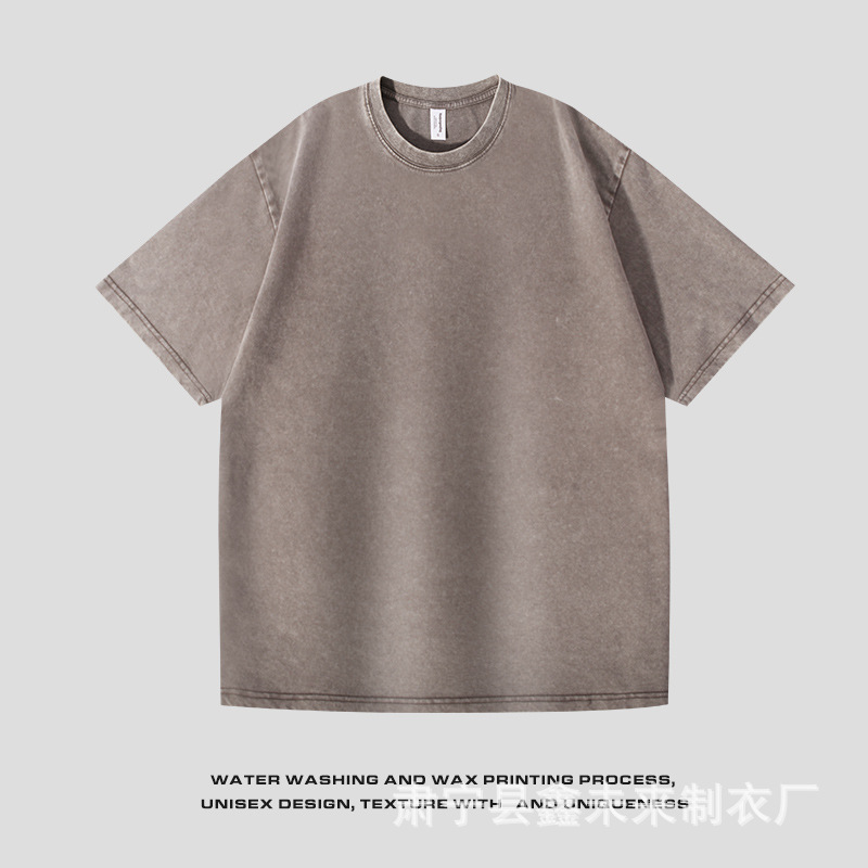 220g lavado y desgastado camiseta de cuello redondo para hombres y mujeres suelto americano retro salvaje de manga corta batik camisa de hombro caído