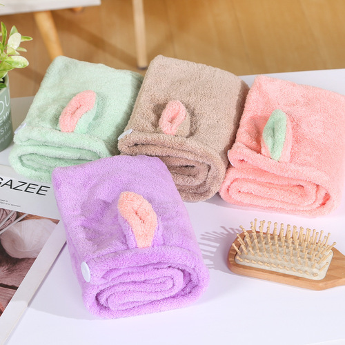 Cartoon cute bunny ears coral velvet hair drying cap, thickened soft wiping turban, water-absorbent and quick-drying shower cap foreign trade