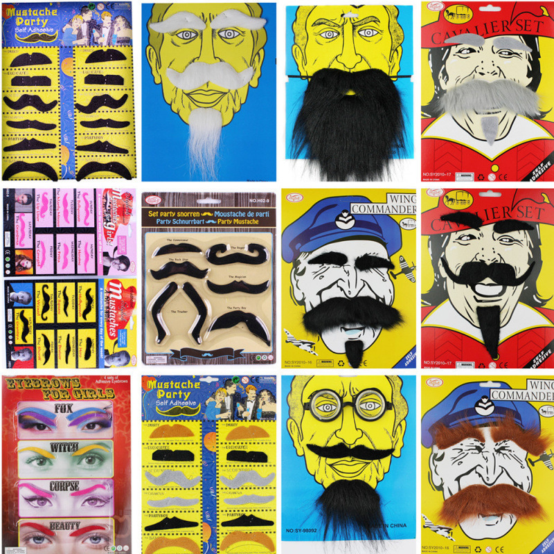 1. Costume party supplies, including mustache, large beard, eyebrows, fake beard, and fine mustache for men and women.