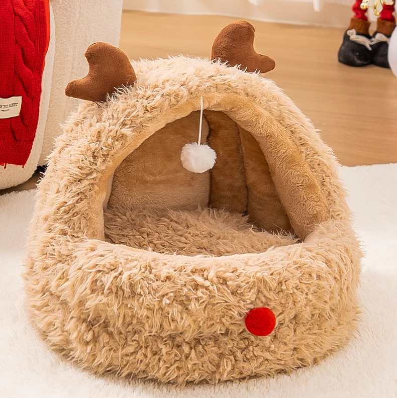 Weihnachts Rentier Katzenhaus Warmes Katzenbett Aus Samt_voghion.com