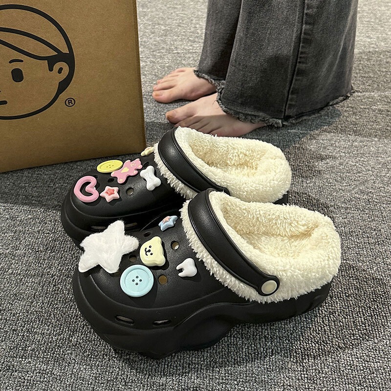 Women's plush thick-soled cotton slippers, new autumn and winter model, suitable for outdoor wear, height-increasing, warm, detachable, cartoon DIY clogs for winter Women's plush thick-soled cotton slippers, new autumn and winter model, suitable for outdoor wear, height-increasing, warm, detachable, cartoon DIY clogs for winter