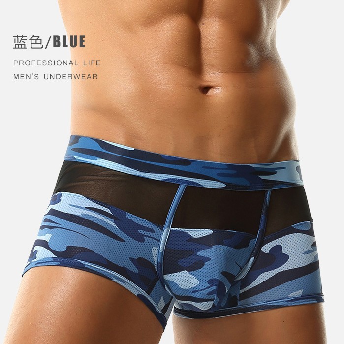 2025 New Men's Camouflage Color-Blocked Boxer Briefs Mesh Elastic Breathable Large Size Home Fitness Cross-Border Hot Sale