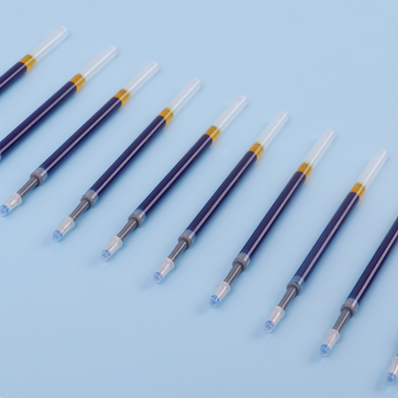 The blue bullet-shaped pen tip was pressed.