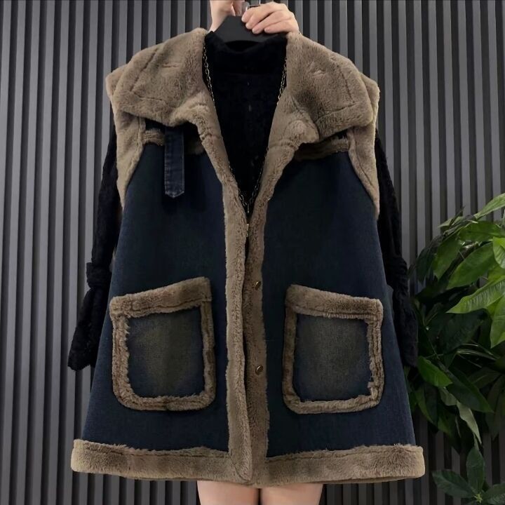 New Autumn and Winter Faux Mink Fur Denim Vest Jacket, Fleece-Lined and Thickened for Warmth, Large Size, Patchwork Vest, Versatile Style