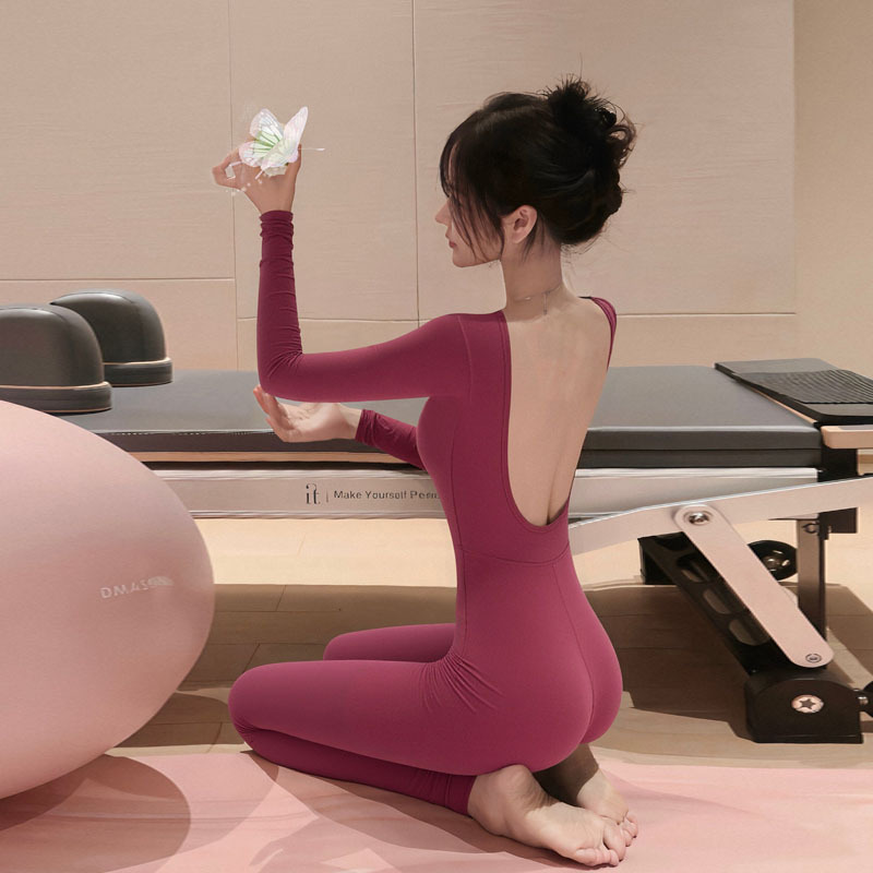 Combinaison de yoga une pièce pour femme, tenue d'entraînement Pilates d'hiver, vêtement de fitness haut de gamme et élégant, haut de sport à manches longues_voghion.com