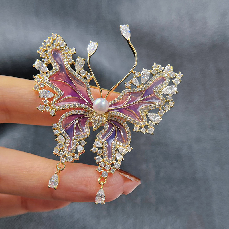 DIY Accessories Light Luxury Retro Enamel Butterfly Brooch for Women Copper Gold-Plated Zircon Pin Brooch Pearl Empty Holder