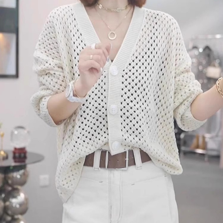2026 Spring/Summer V-Neck Hollow-Out Single-Breasted Sun Protection Solid Color Stylish Versatile Loose Air Conditioning Cardigan Knitted Cardigan for Women 2026 Spring/Summer V-Neck Hollow-Out Single-Breasted Sun Protection Solid Color Stylish Versatile Loose Air Conditioning Cardigan Knitted Cardigan for Women
