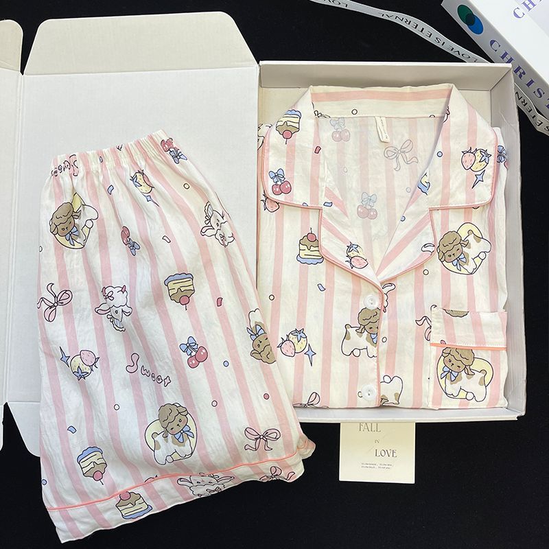 Vietnam transfronterizo al por mayor nube de algodón lindo oso pijamas verano mujeres pantalones cortos de manga corta cardigan casual dibujos animados servicio a domicilio