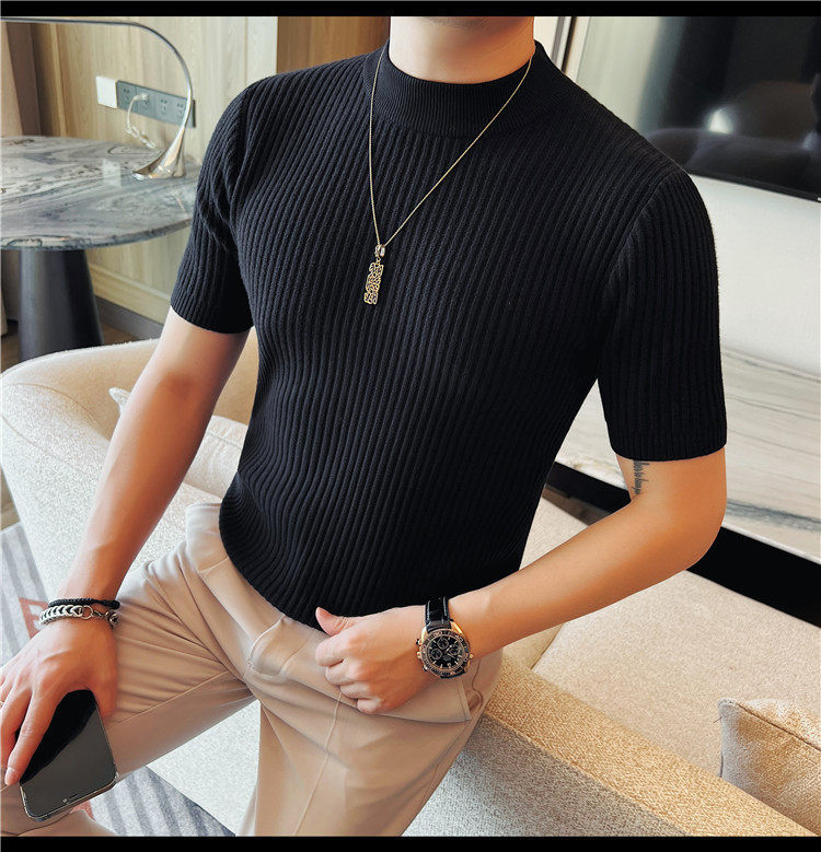 Herren Schwarz Hochgeschlossener Kurzarm Strickpullover Slim Fit_voghion.com