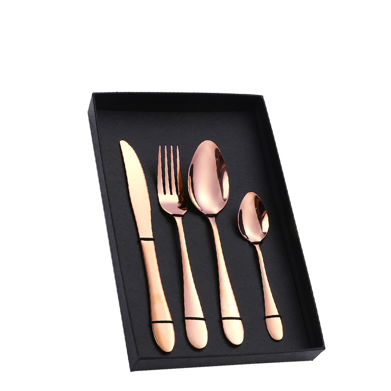 Amazon Tik Tok vajilla de acero inoxidable 4/5 piezas traje 1012 cuatro piezas principales caja de regalo cuchillo de comida occidental, tenedor y cuchara traje