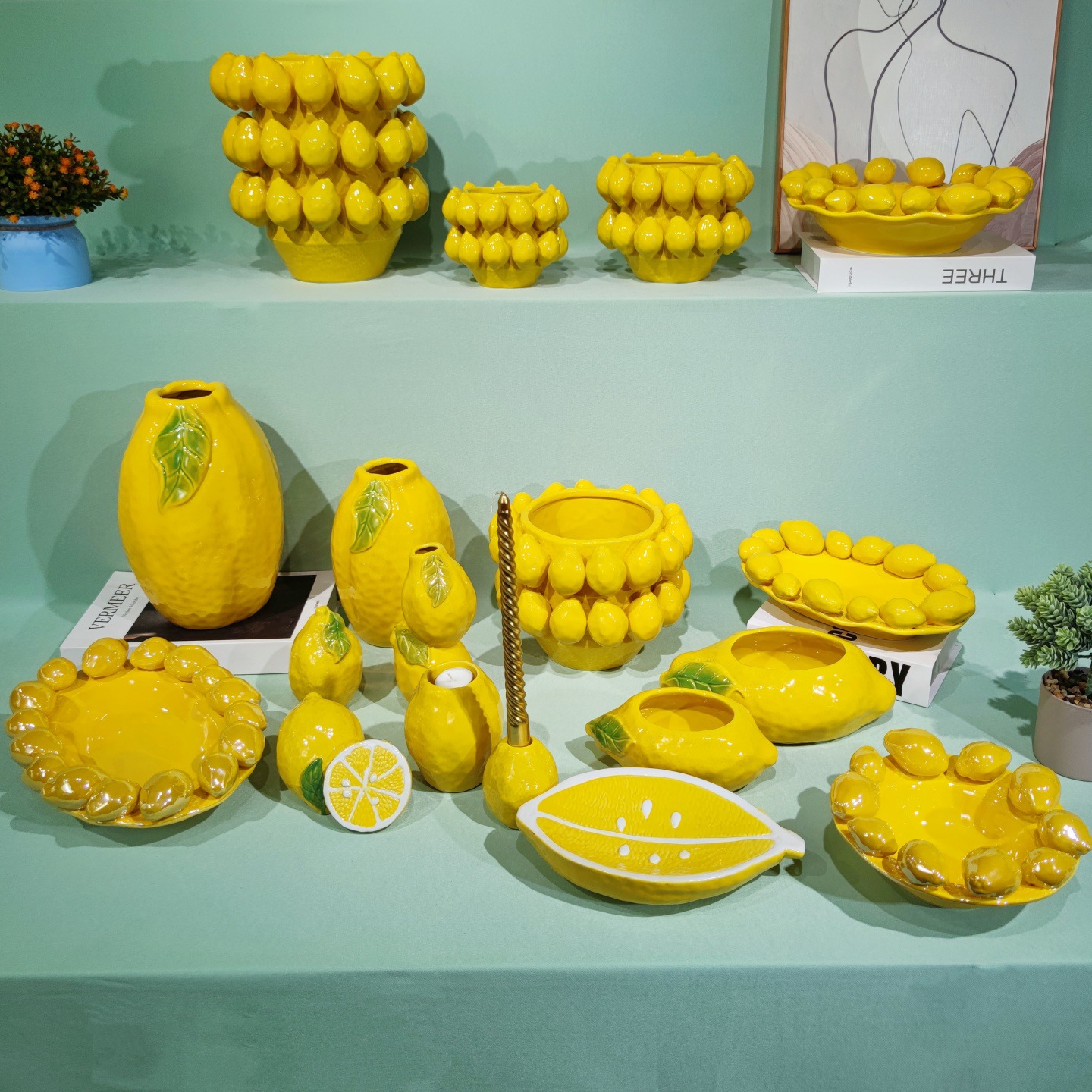 新款水果缤纷立体仿真柠檬陶瓷花瓶整套系列现代简约风宽口工艺品