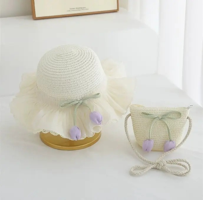 Sombrero de paja para niña de verano Estilo de verano Princesa Playa Protector solar Sombrero grande Sombrero de pescador de tulipán Sombrero de paja
