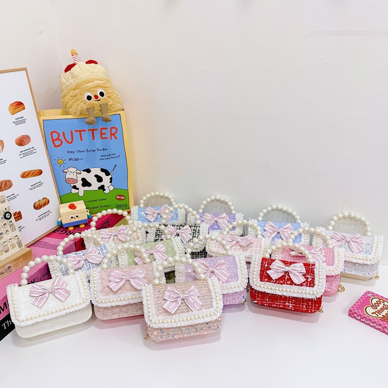 New Cross-border Bow Children's Bag Kindergarten Little Girl Crossbody Bag New Year Pearl Portable Coin Purse Wholesale