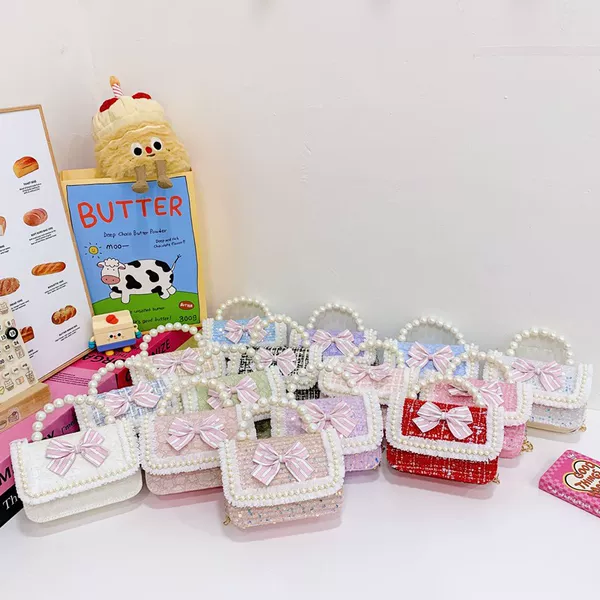New Cross-border Bow Children's Bag Kindergarten Little Girl Crossbody Bag New Year Pearl Portable Coin Purse Wholesale