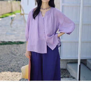 高支苎麻v领防晒小衫开门襟塔克七分袖衬衫2026夏季新款