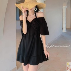 Women's plus size swimsuit ins style push up to cover belly and look slim conservative student one-piece skirt style solid color hot spring swimsuit wholesale