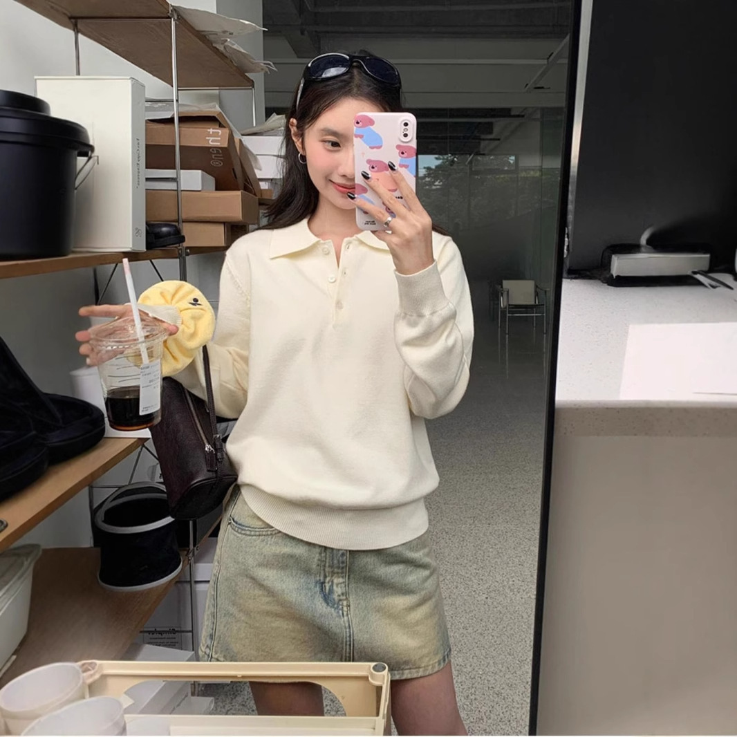 2025 New Style Relaxed Knitted Sweater for Women Korean Style Polo Collar Simple Lazy Bottoming Shirt Loose Inner Top