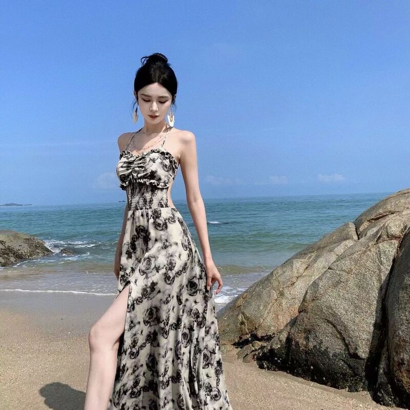 Breast Pad + Lining, Design Slit Suspender Long Skirt, Elegant Holiday Style Dress, Rose Woman's Large Hem Skirt