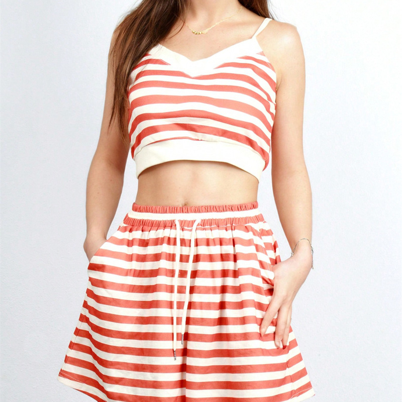 Hong Kong Style Orange and White Striped Sports Casual Suit Pajamas Women's Camisole Drawstring Wide-Leg Shorts Loungewear