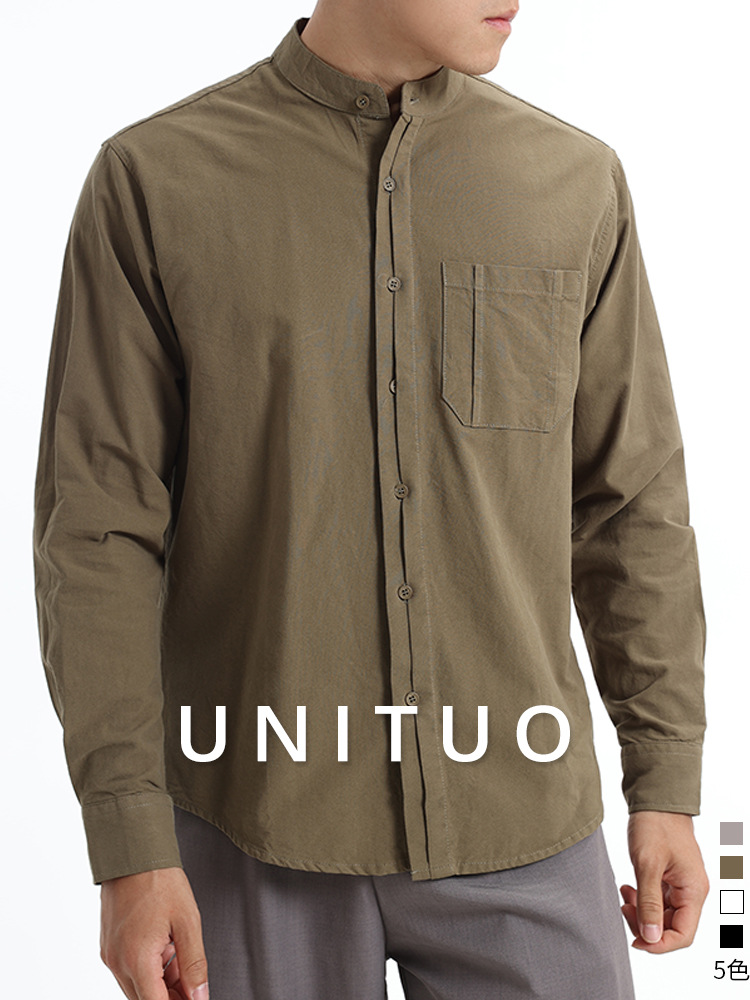 Camisas de algodón masculinas de manga larga de alta sensación suelta de cuello Henry Camisas de algodón masculinas de primavera y otoño