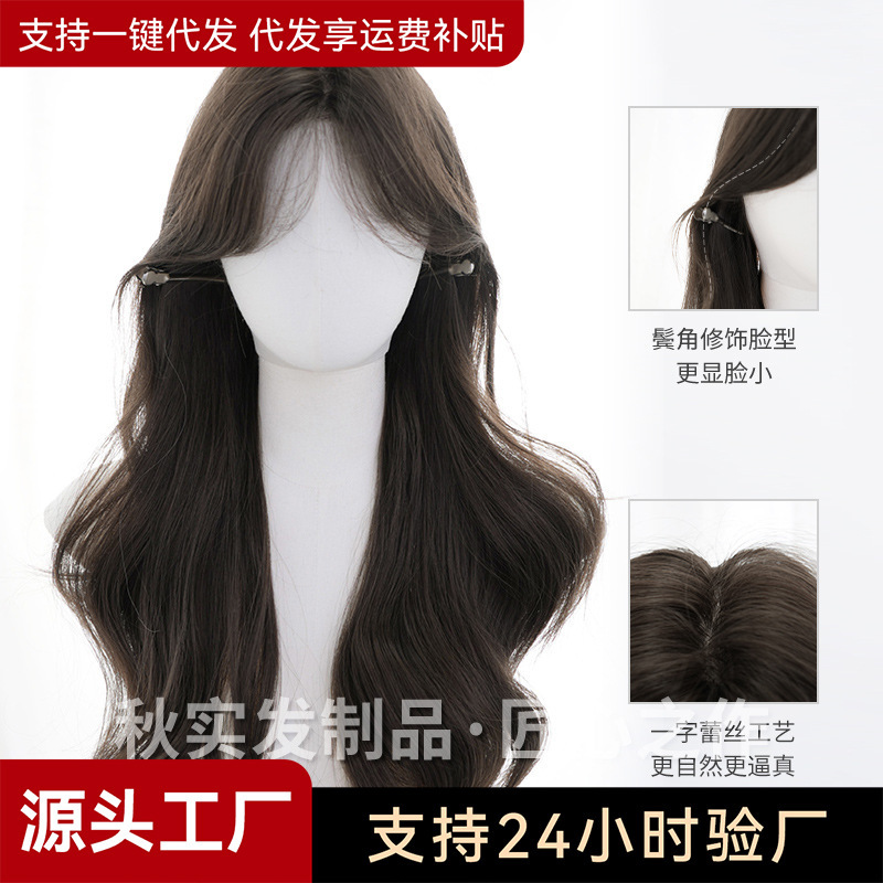 Qiushi wig women's wholesale cross-border daily gray brown wave roll front lace natural net red wig full head cover