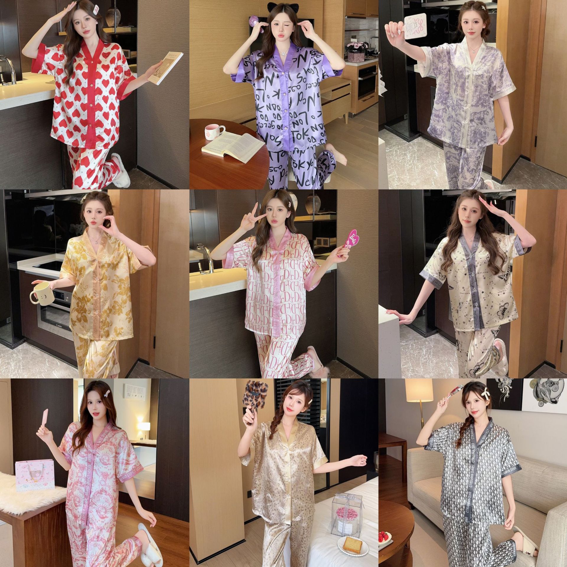 东南亚批发睡衣女新款夏季薄款短袖长裤冰丝开衫家居服两件套跨境