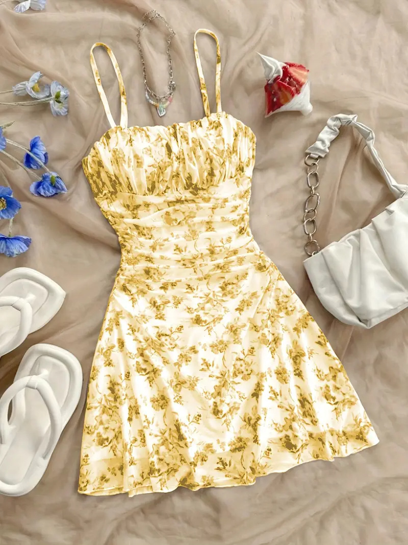 2026 French-Style Floral Spaghetti Strap Dress with Waist-Cinching V-Neck Design, Casual Beach Vacation Dress for Photoshoots at the Seaside