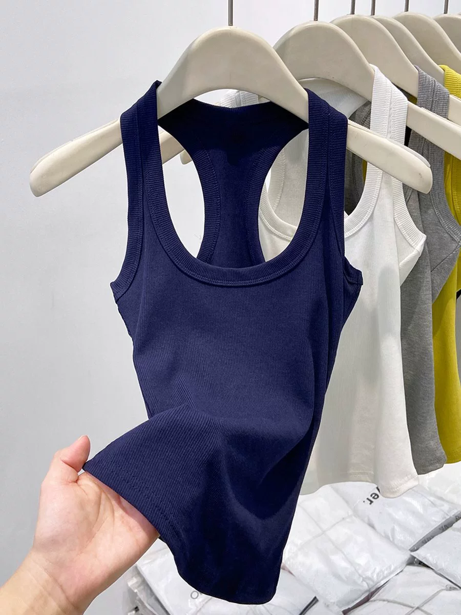 Женская майка-майка в американском стиле для пикантных девушек, с бретелькой на шее, квадратным воротником, майка для верхней одежды, весенне-летний облегающий топ с ребристой внутренней основой.