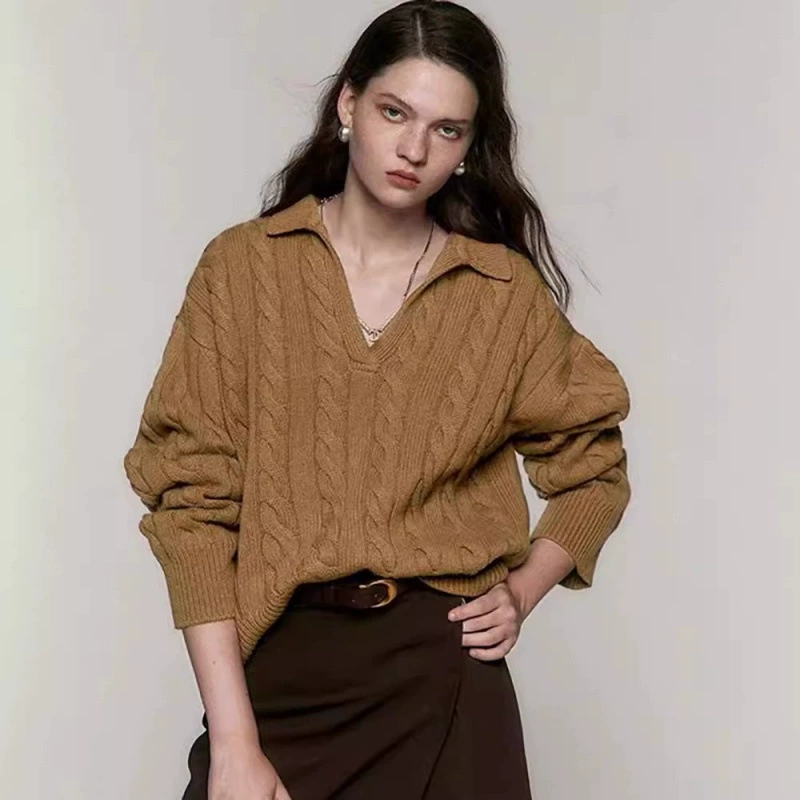Оптовая продажа через границы: новый свитер крупного крою из 100% шерсти с полузакрытым воротником, толстый, вязаный косами, 2025 год