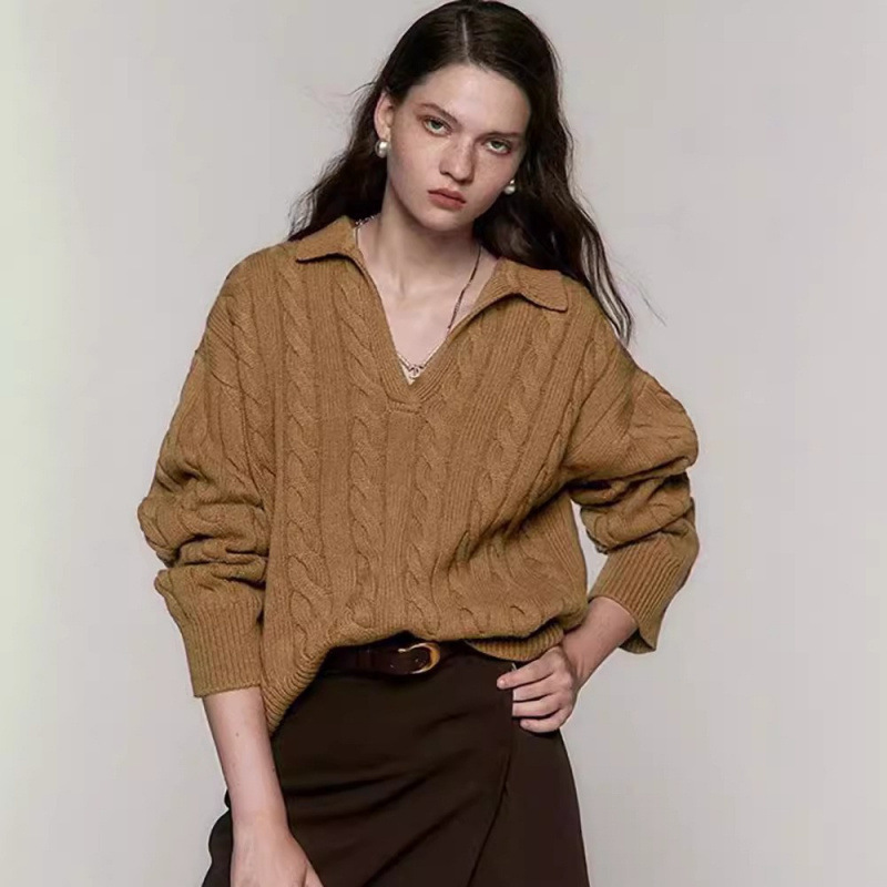 Cross-Border Wholesale 2025 New Oversized 100% Wool Half-Open Lapel Thick Pullover Knitted Cable Knit Sweater Cross-Border Wholesale 2025 New Oversized 100% Wool Half-Open Lapel Thick Pullover Knitted Cable Knit Sweater