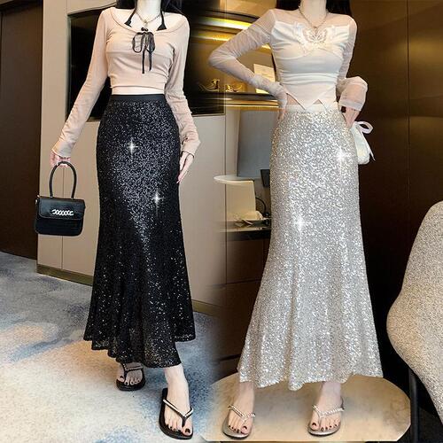 Large size women's clothing mesh half-length long dress standing sequined gold fairy women's dress fashion slimming half-length skirt middle and long dress fat sister